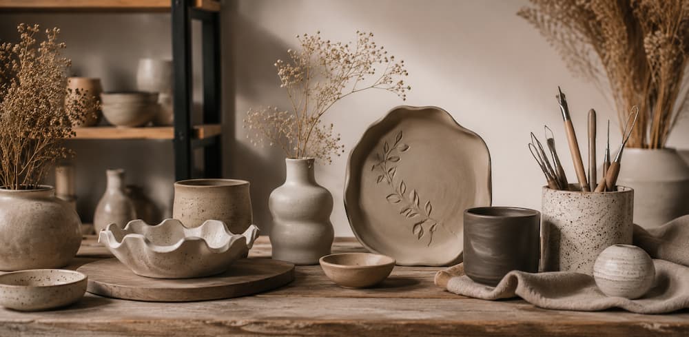 Conjunto de jarros, taças e pratos artesanais