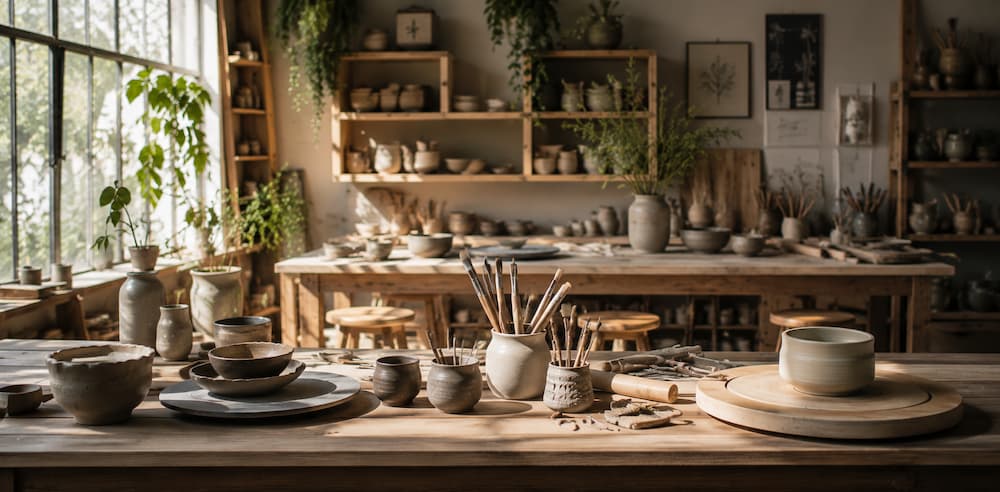 Interior do atelier com torno de oleiro e prateleiras